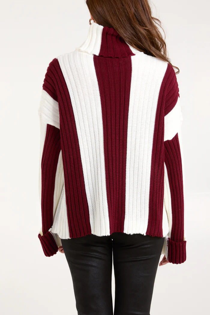 RED ROLL NECK VERTICAL STRIPE JUMPER ONE SIZE 10-16