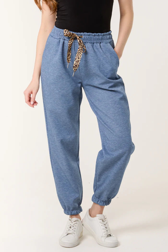 DENIM BLUE LEOPARD BOW CUFFED JOGGERS ONE SIZE 10-16