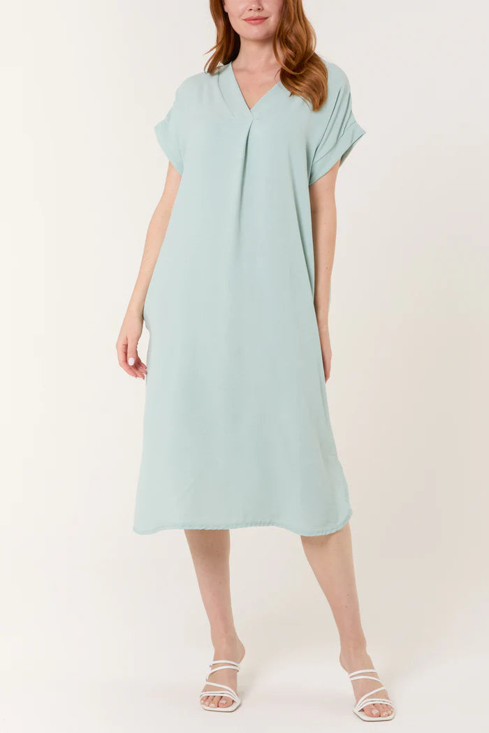 GREEN V-NECK SHORT SLEEVE MIDI DRESS ONE SIZE 10-16