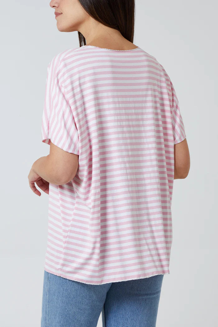 PINK V-NECK STRIPE T-SHIRT ONE SIZE 10-18