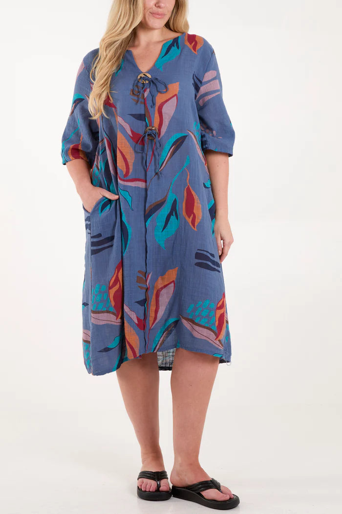 DENIM BLUE PURE COTTON LEAF PRINT DRESS ONE SIZE 10-18