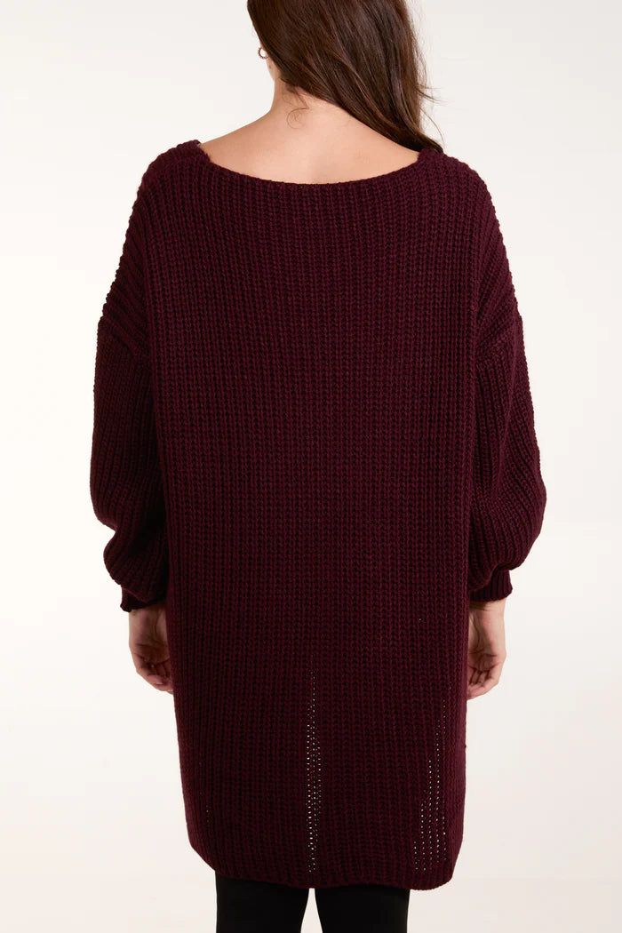 CHOCOLATE OVERSIZED V-NECK CHUNKY KNIT DIP HEM JUMPER ONE SIZE 10-20