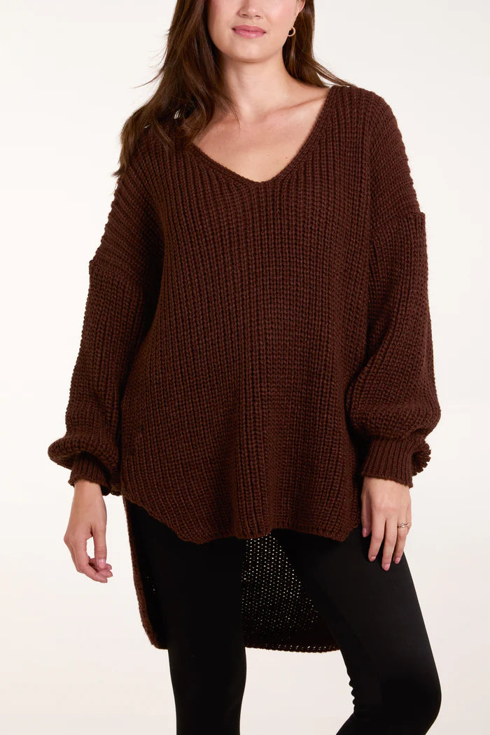 CHOCOLATE OVERSIZED V-NECK CHUNKY KNIT DIP HEM JUMPER ONE SIZE 10-20
