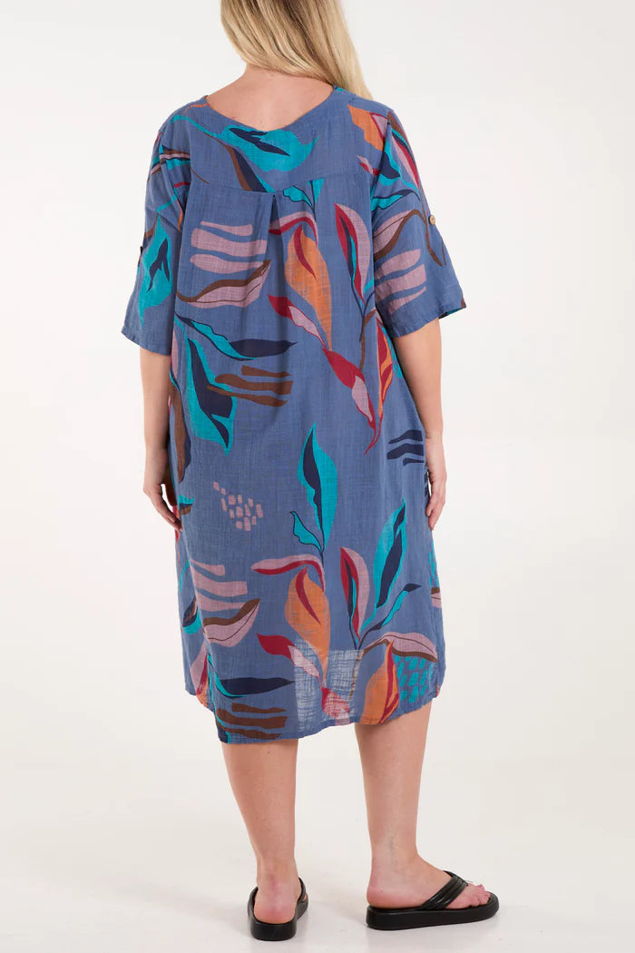 DENIM BLUE PURE COTTON LEAF PRINT DRESS ONE SIZE 10-18