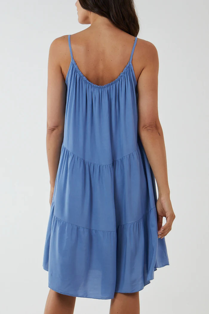 DENIM BLUE CAMI STRAP TIERED SMOCK DRESS ONE SIZE 10-16