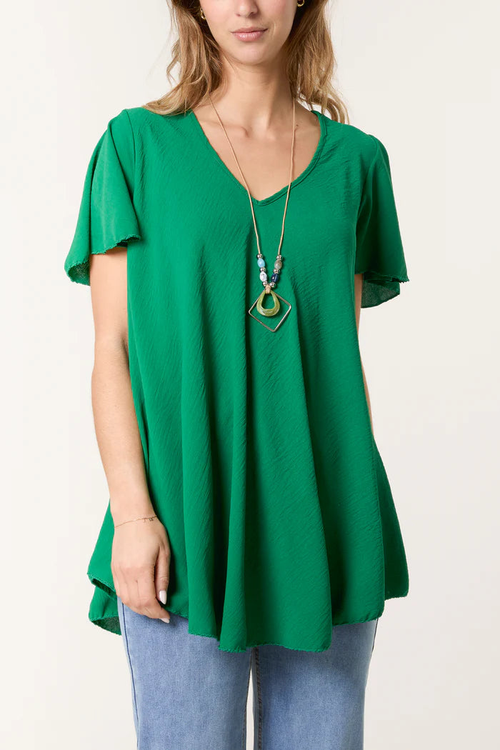 GREEN NECKLACE V-NECK ANGEL SLEEVE TOP SIZE 10-16