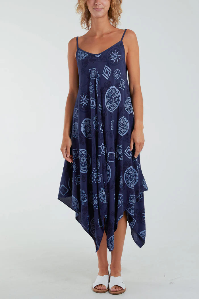 NAVY GEOMETRIC TRIBAL HANKY HEM CAMI DRESS ONE SIZE 10-16