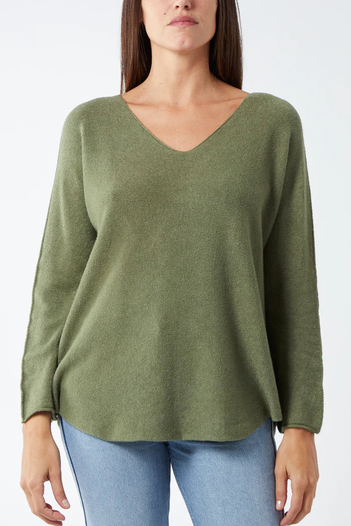 KHAKI V NECK JUMPER WITH RAW EDGE ONE SIZE 10-16