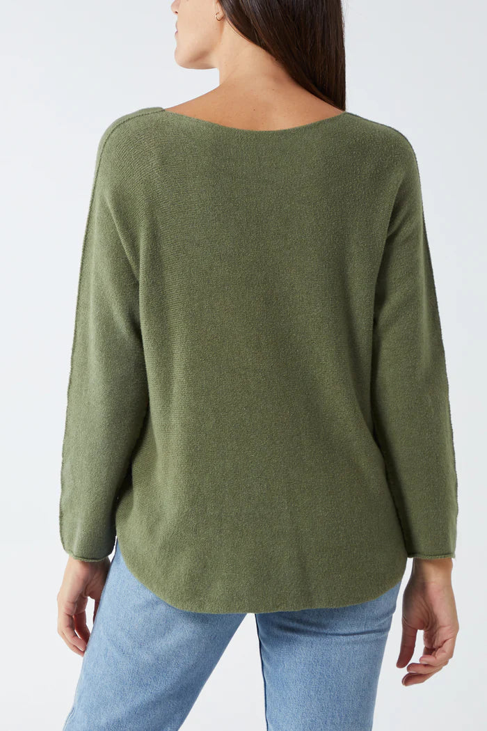 KHAKI V NECK JUMPER WITH RAW EDGE ONE SIZE 10-16