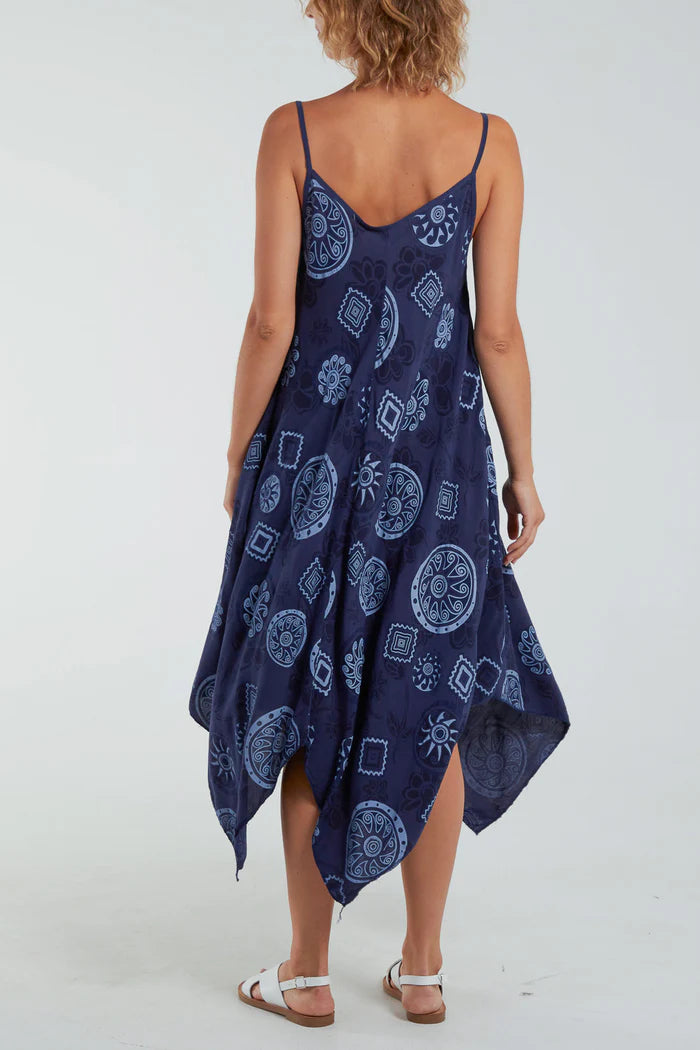 NAVY GEOMETRIC TRIBAL HANKY HEM CAMI DRESS ONE SIZE 10-16