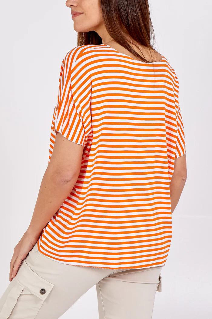 £10 SALE ❤️ ORANGE V-NECK STRIPE T-SHIRT ONE SIZE 10-18