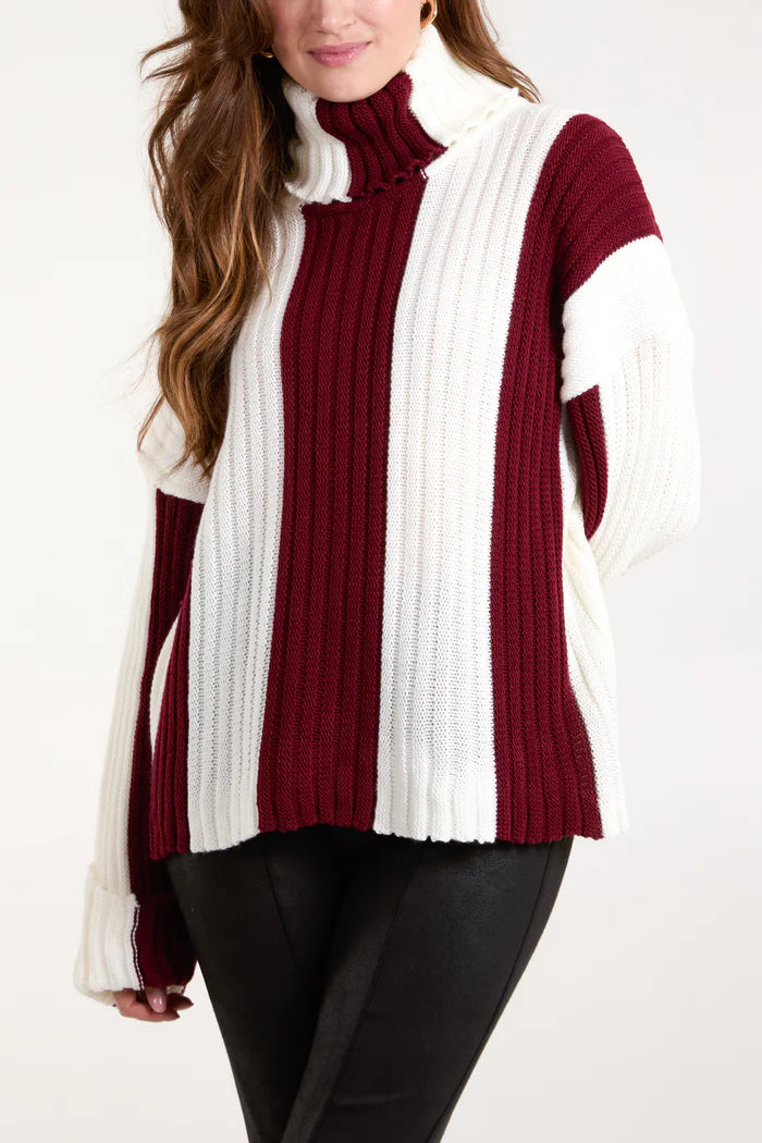 RED ROLL NECK VERTICAL STRIPE JUMPER ONE SIZE 10-16