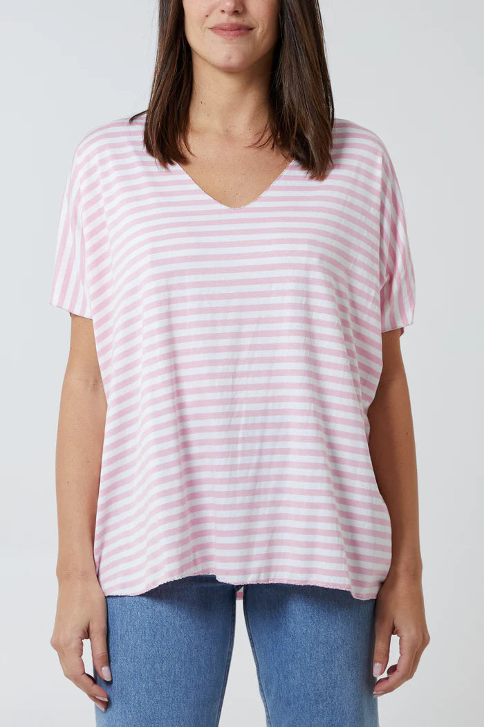 PINK V-NECK STRIPE T-SHIRT ONE SIZE 10-18