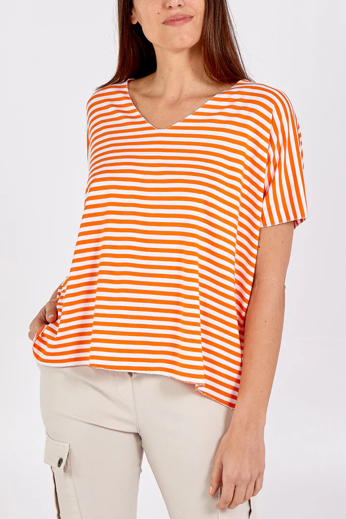 £10 SALE ❤️ ORANGE V-NECK STRIPE T-SHIRT ONE SIZE 10-18