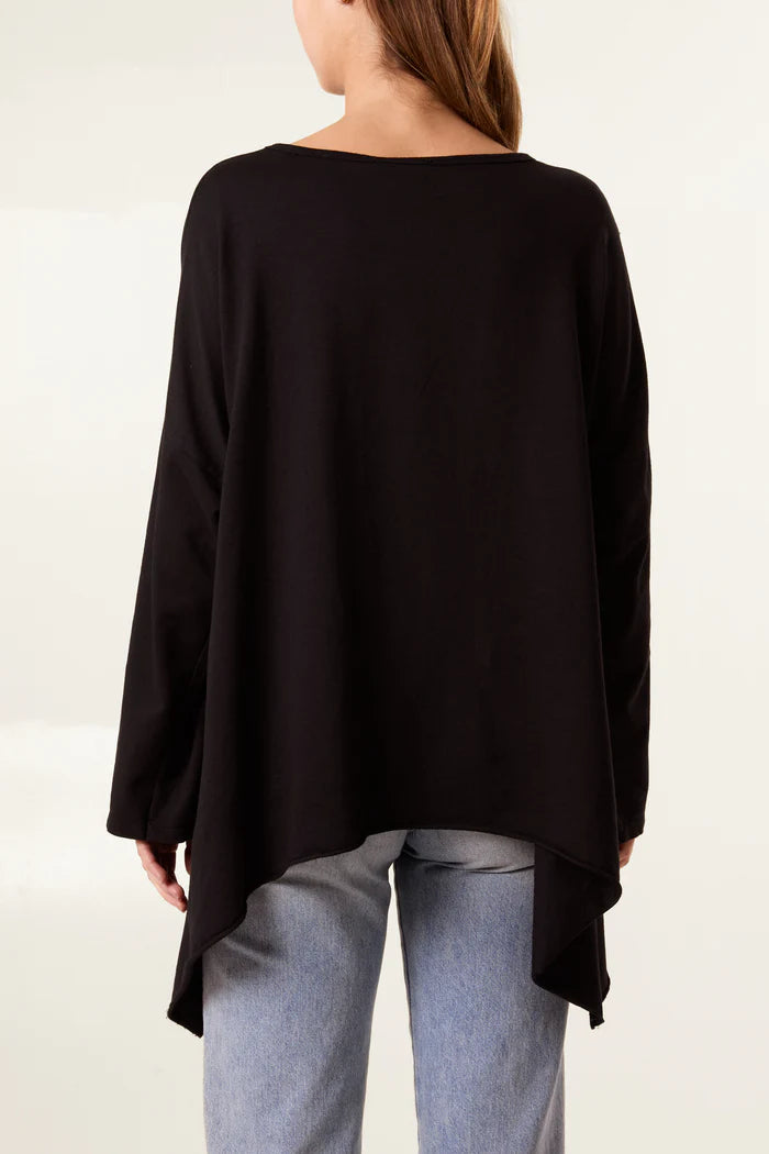 BLACK ASYMMETRIC COTTON LONG SLEEVE TOP ONE SIZE 10-18