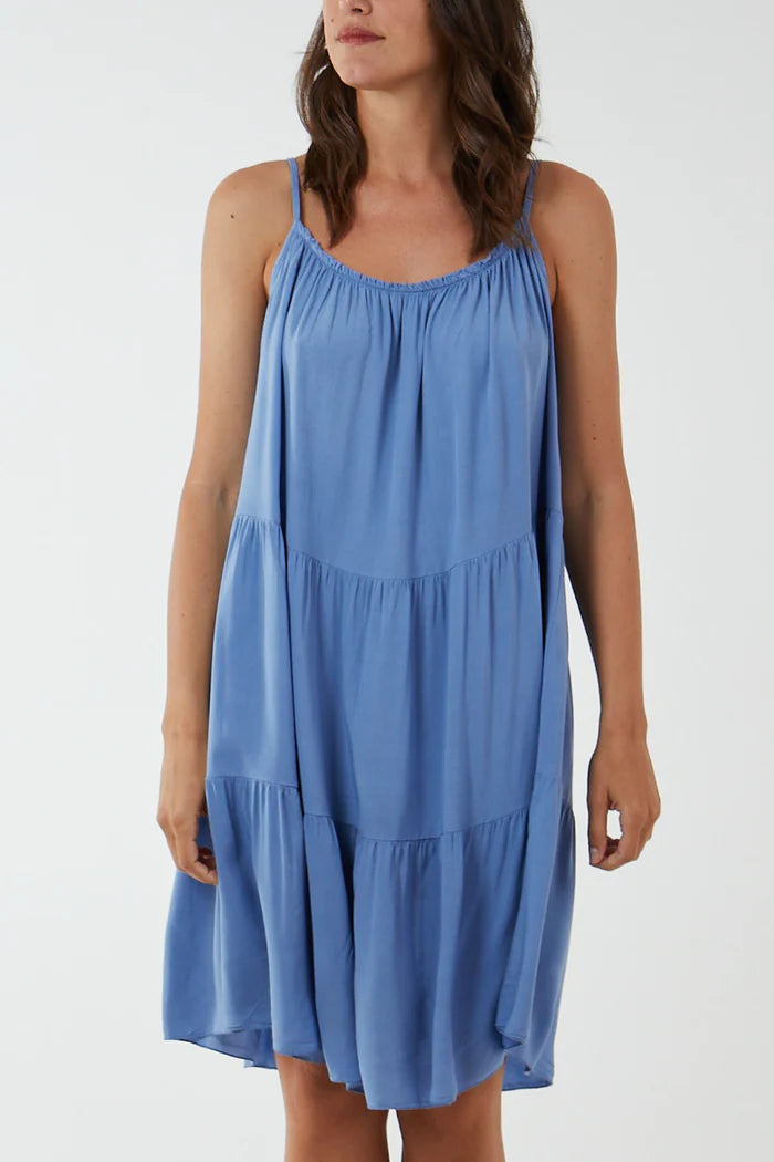 DENIM BLUE CAMI STRAP TIERED SMOCK DRESS ONE SIZE 10-16